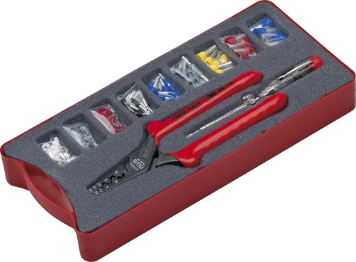 "Insulated wire end ferrules assortment with pliers and screwdriver image"