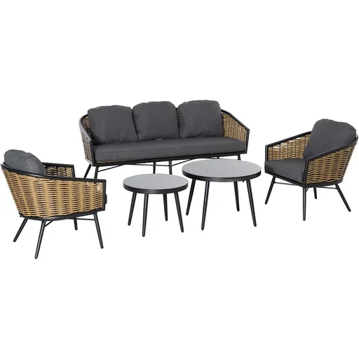 "Five-piece rattan-look sofa set with two side tables, grey+natural+black image"