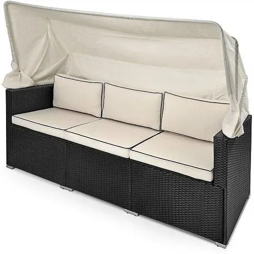 "Polyrattan Sofa - Black-Cream - 210x70x70cm - With Sunroof image"