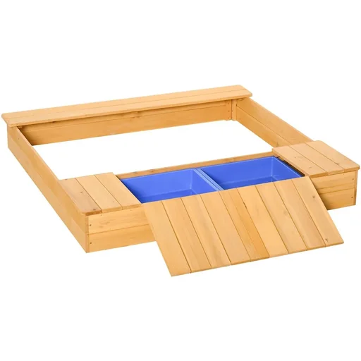 "Sandpit with bench and storage compartments, natural, blue image"