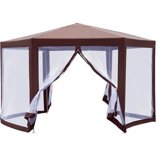 "Pavilion garden pavilion with mosquito net party tent garden tent marquee tent 6-sided polyester + metal brown 390x390x250cm image"
