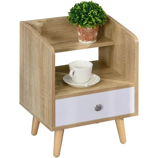 "Bedside table natural with drawer and shelf solid wood image"