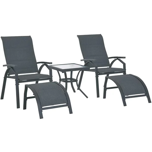 "5-piece garden set, garden seating group, garden table set, garden lounger upholstered in metal + textilene grey, 2 x armchairs, 2 x stools image"