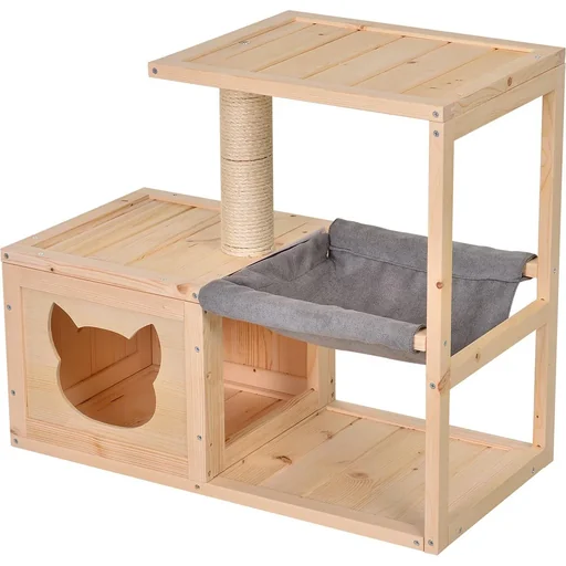 "Cat house with hammock and scratching post made of natural spruce image"