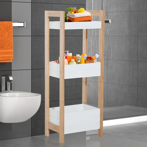 "Bathroom shelf with 3 storage compartments white/natural image"