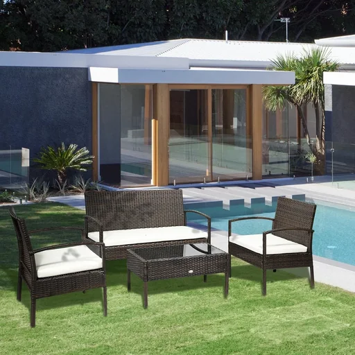 "Polyrattan garden furniture set 4-piece rattan sofa set seating group seating set for break lounge tea table with sofa seat cushions image"