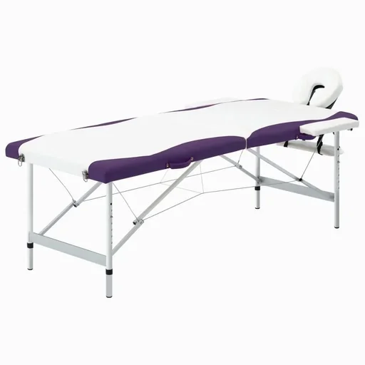 "Folding massage table with 2 zones aluminum white and purple image"