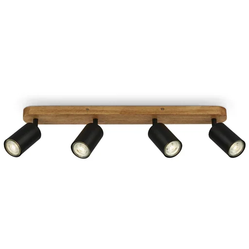 "Vintage spotlight 4-light, black with wooden canopy, 4 x GU10 socket image"