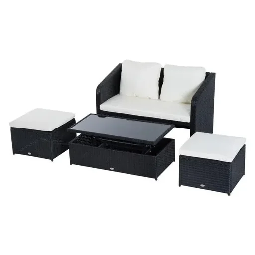 "4-piece polyrattan garden furniture seating group lounge with cushions black 1 x double sofa 1 x coffee table 2 x stools image"