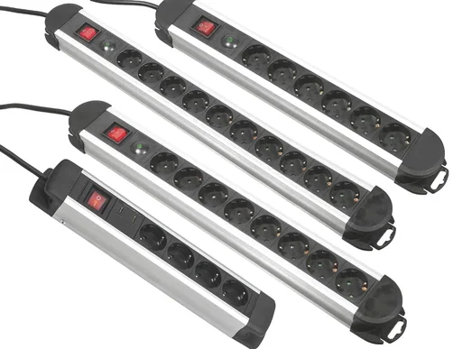 "10-way aluminum power strip with surge protection and switch image"