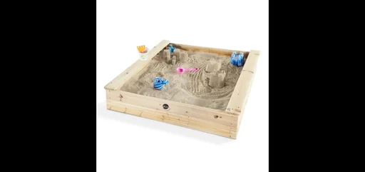 "Square wooden sandpit, outdoor sandpit for children made of wood, bench, natural image"