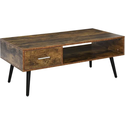 "Vintage-style coffee table, vintage wood color, black image"