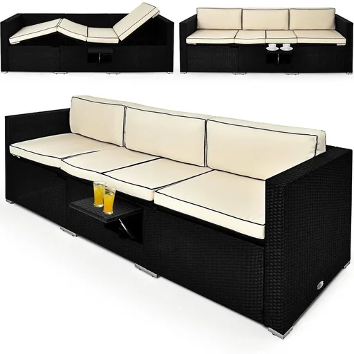 "Polyrattan Sofa - Black-Cream - 210x70x70cm - Adjustable image"