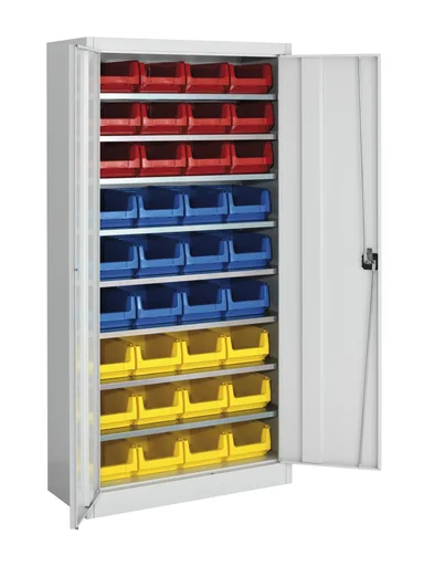 "Double door cabinet MKST 3/19 C, light grey with 3 x 12 coloured magazine boxes size 3 image"