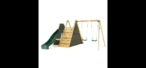 "Wooden climbing pyramid with double swing, outdoor climbing pyramid, wood, climbing wall, climbing net, slide, natural image"