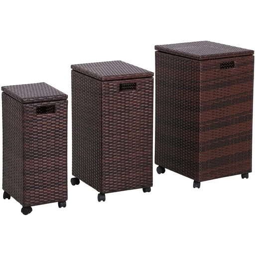 "Storage box set of 3 storage boxes with lid, rollable, polyrattan brown L/M/S image"