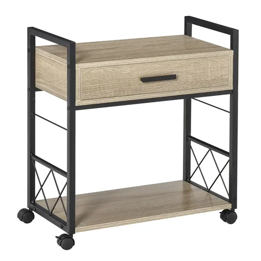 "Side table serving trolley with wheels kitchen trolley coffee table with drawer storage sideboard movable chipboard natural image"