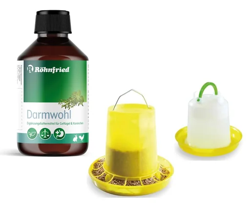 "Poultry drinker and automatic feeder in a value set + Darmwohl 100 ml image"