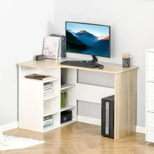 "Corner desk, angled desk, PC table, computer table, office table with shelf and drawer, L-shaped chipboard, white+oak image"