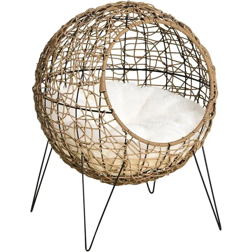 "Rattan cat basket, cat cave, cat house, cat bed with cushion, raised design, pet bed, brown, Ø45 x 57H cm image"