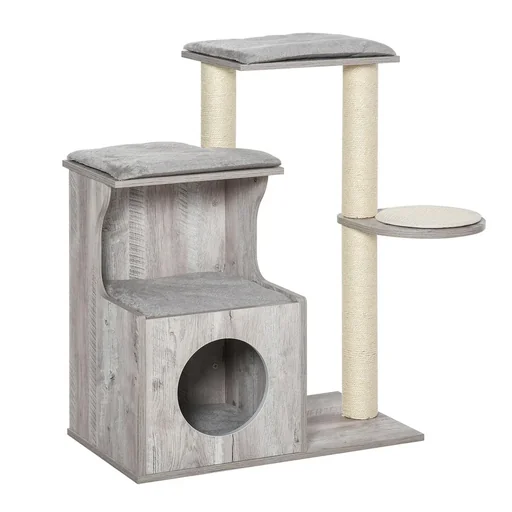 "Scratching post with cat cave Cat tree Climbing tree for cats E1 MDF Sisal Grey 66 x 38 x 88 cm image"
