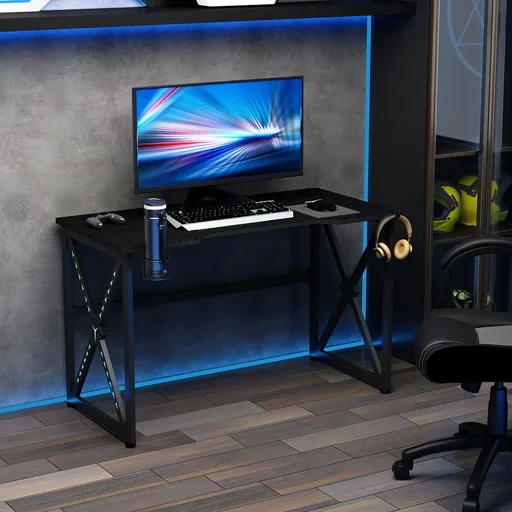 "Computer desk with LED lights monitor shelf PC table desk with cup holder e-sports style office table with adjustable image"