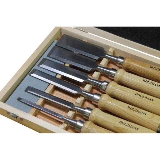 "Professional wood chisel set, 6 pieces - HSS quality - 6 to 38 mm - in wooden storage box image"