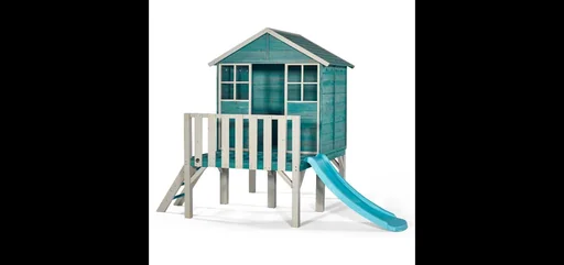 "Wooden playhouse Boathouse on stilts, outdoor playhouse for children made of wood, pitched roof, slide, ladder, turquoise image"