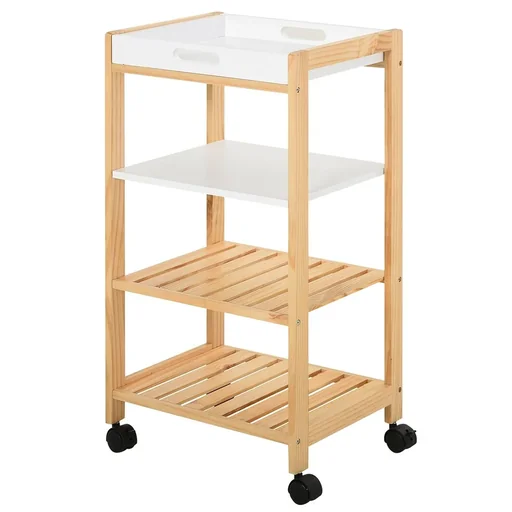 "Kitchen trolley, kitchen rolling cart, serving trolley with shelf, removable tray pine white+natural 40 x 30 x 76 cm image"