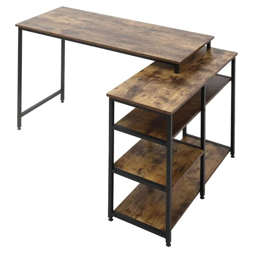 "Corner desk, angle desk, PC table, computer table, office table, shelf, drawer, L-shape, chipboard, metal, rustic image"