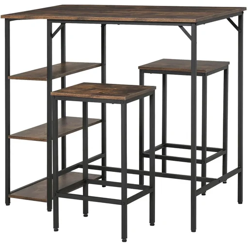 "Bar table set, high table with 2 bar stools, 3-piece table set, kitchen counter with shelves, chipboard, steel, rustic brown+sc image"