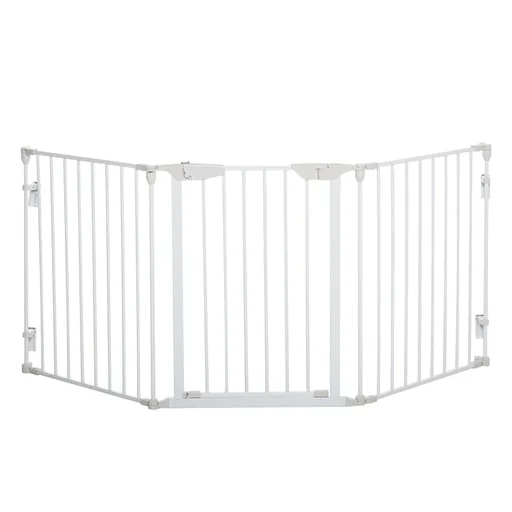 "Dog barrier, protective gate, dog gate, door gate, 3 elements including safety door, metal, plastic, white image"