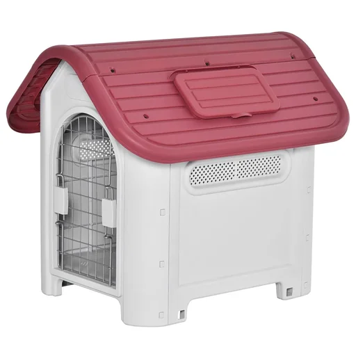 "Dog kennel outdoor dog house with roof hatch gate shelter for small dogs air circulation metal PP red+light grey 59 x image"