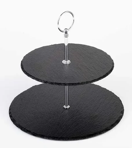 "Etagere, 2-tier, slate plates Ø 25 cm, Ø 20 cm, height 24 cm, chrome-plated metal image"