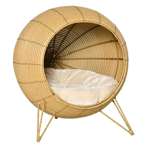 "Rattan cat cave cat house with cushion and raised feet PE rattan light brown Ø52 x 58 cm image"