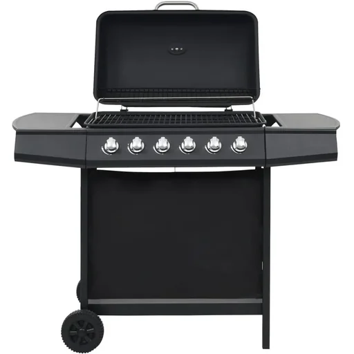 "Gas grill with 6 cooking burners, black steel image"