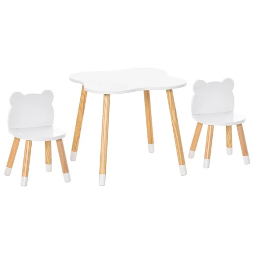"3-piece children's table set, arched children's seating group, table with 2 chairs, MDF table legs made of pine wood, white + natural wood image"