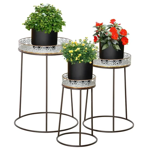 "Flower stand set of 3 made of metal for flower pots, stackable, coffee and silver image"