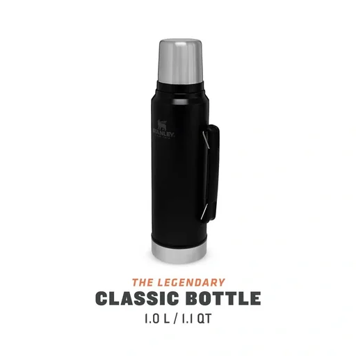 "Classic vacuum bottle 1.0 l, matt black, double-walled vacuum insulation, handle, drinking cup image"