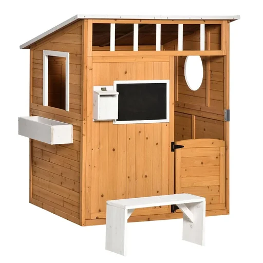 "Playhouse for children made of wood with window, mailbox and flowerpot rack, for 3-8 years, fir wood, yellow, 122 x 108 x 135.5 cm image"