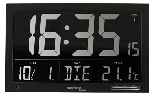 "Digital XXL radio-controlled wall clock with indoor temperature display image"