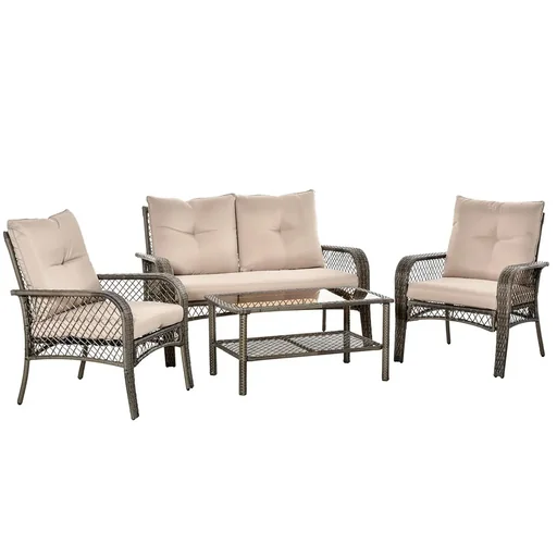 "4-piece garden seating group with side table and cushions, rattan garden set, polyrattan, metal, grey, 136 x 79 x 88 cm image"