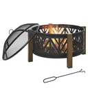 2-in-1 fire bowl fire basket fire pit with spark guard grill grate garden BBQ black+brown 78 x 60H cm
