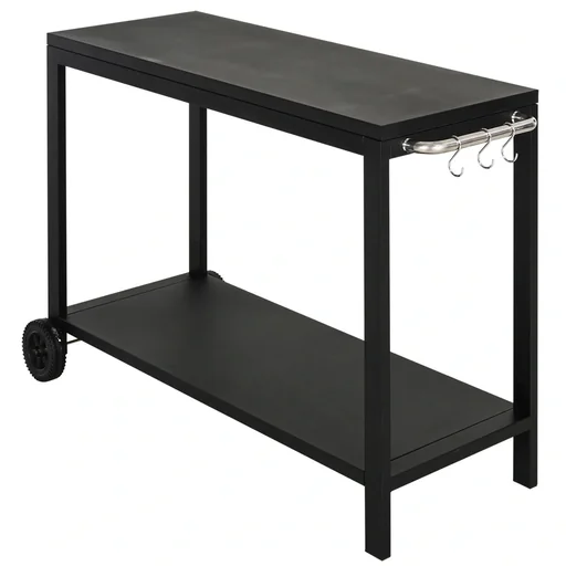 "Stainless steel kitchen trolley with wheels, black image"