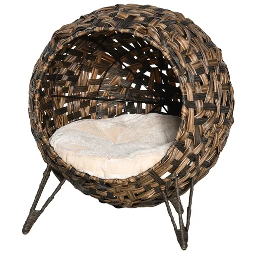 "Rattan cat house with cushion, cat sleeping place, cat cave with raised feet, brown, Ø52 x 58 cm image"