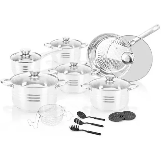 "Pot and pan set - 18 pieces - Including trivet, lid and utensils - Silver image"