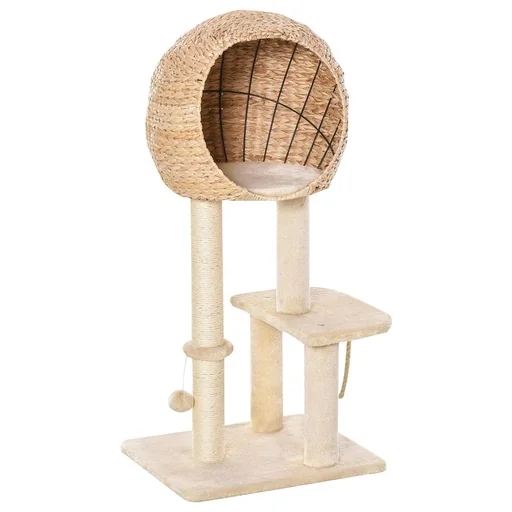 "Cat tree scratching post kitten furniture with cat cave ball toy sisal soft plush height 100 cm beige image"