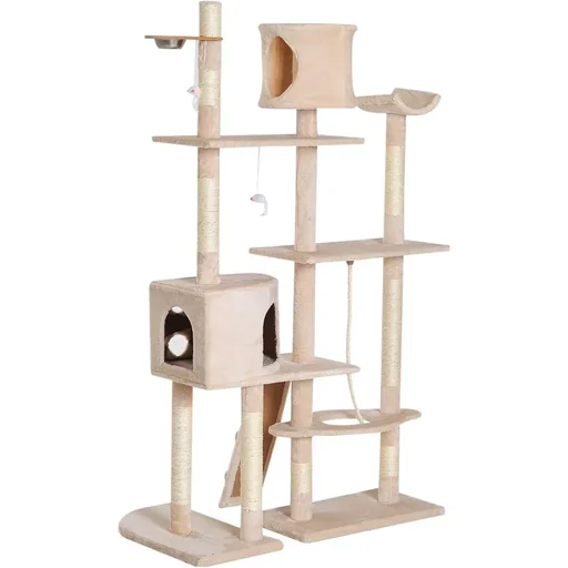 "Scratching post, cat tree, climbing tree, feeding bowl, ladder, beige, L150 x W60 x H170 cm image"