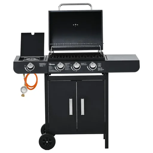 "Gas grill BBQ grill cart with 3 burners 1 side burner pressure reducer hoses cabinet multifunction metal black 110 image"