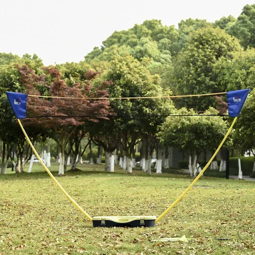"Badminton net with stand, badminton net stand, portable net stand, badminton net with 4 badminton rackets, outdoor image"